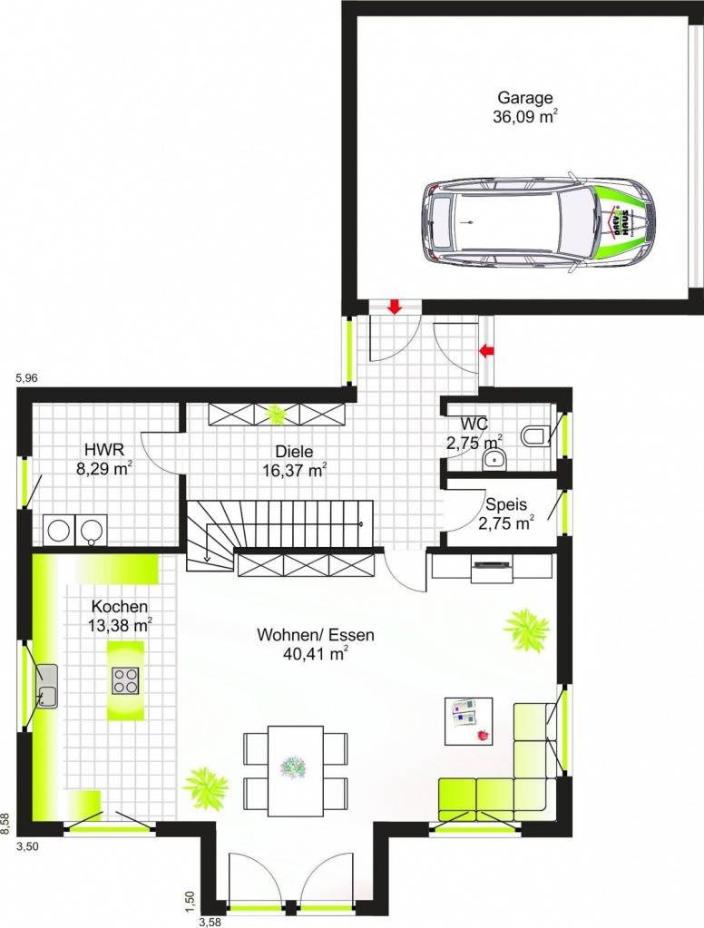 Большую часть первого этажа занимает объединенное пространство кухни, столовой и гостиной.